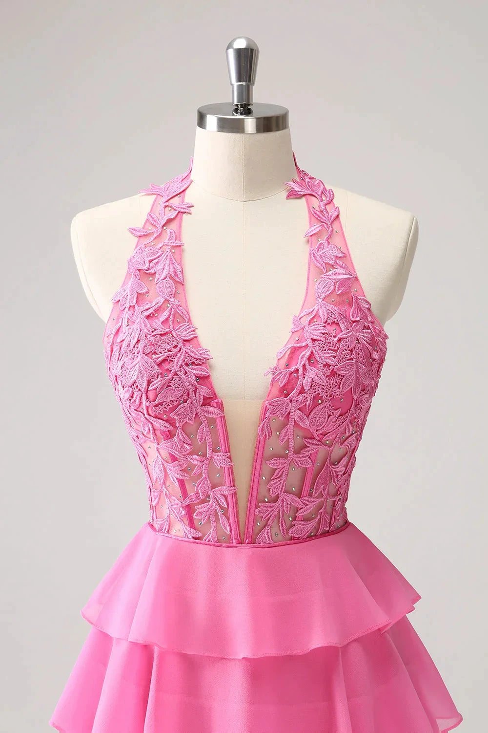 Cute Hot Pink A Line Strapless Tiered Corset Ruffle Homecoming Dress with Beading (ZD11455)
