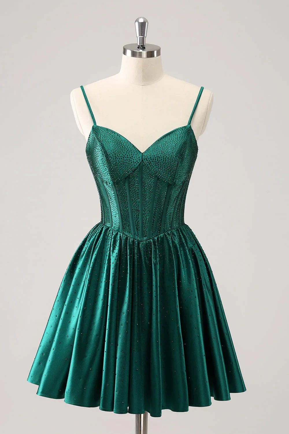 Cute Dark Green A Line Spaghetti Straps Ruffle Corset Short Homecoming Dress with Beading by WEDTREND
