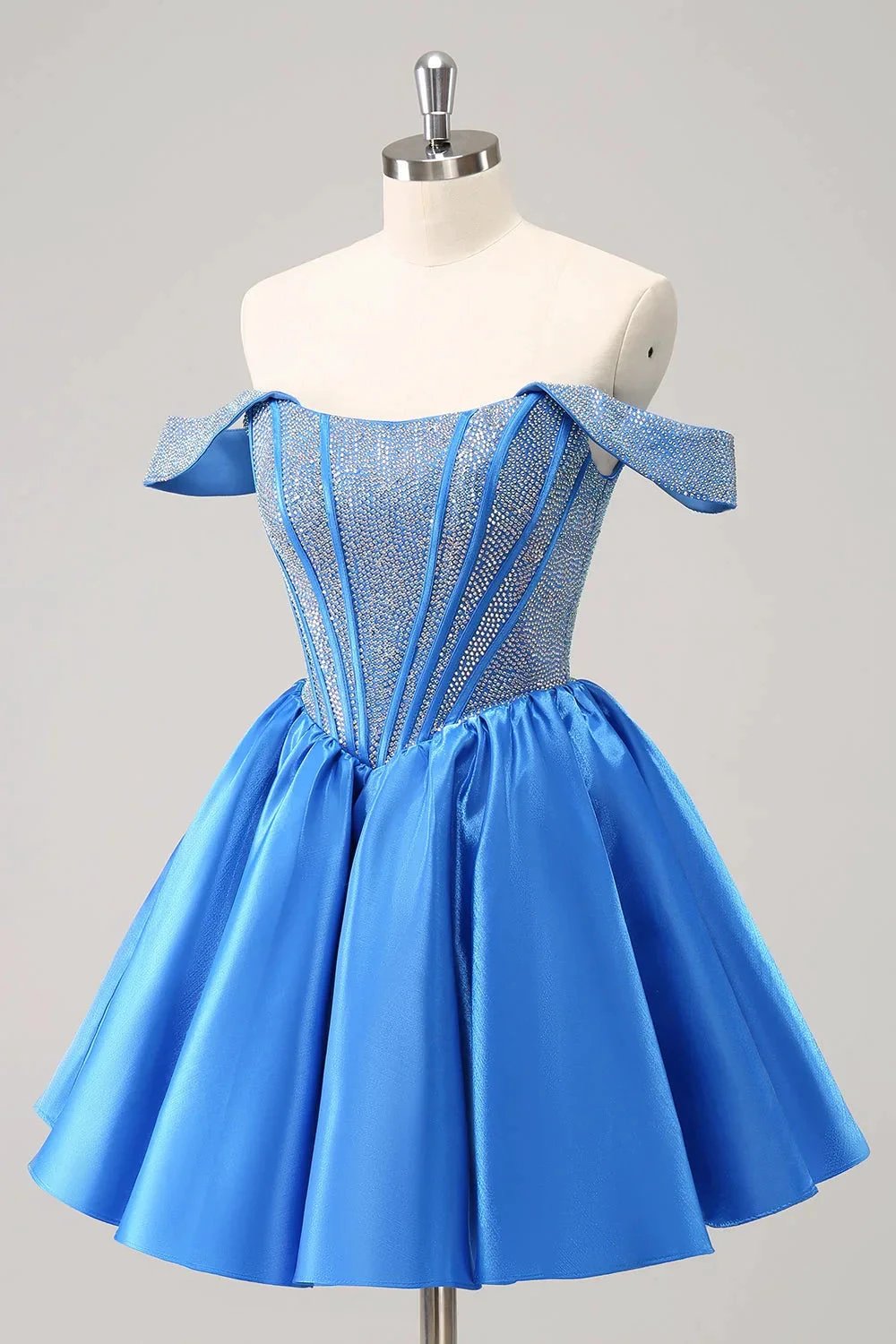 Cute Blue A Line Off The Shoulder Corset Homecoming Dress with Beading (ZD11480)