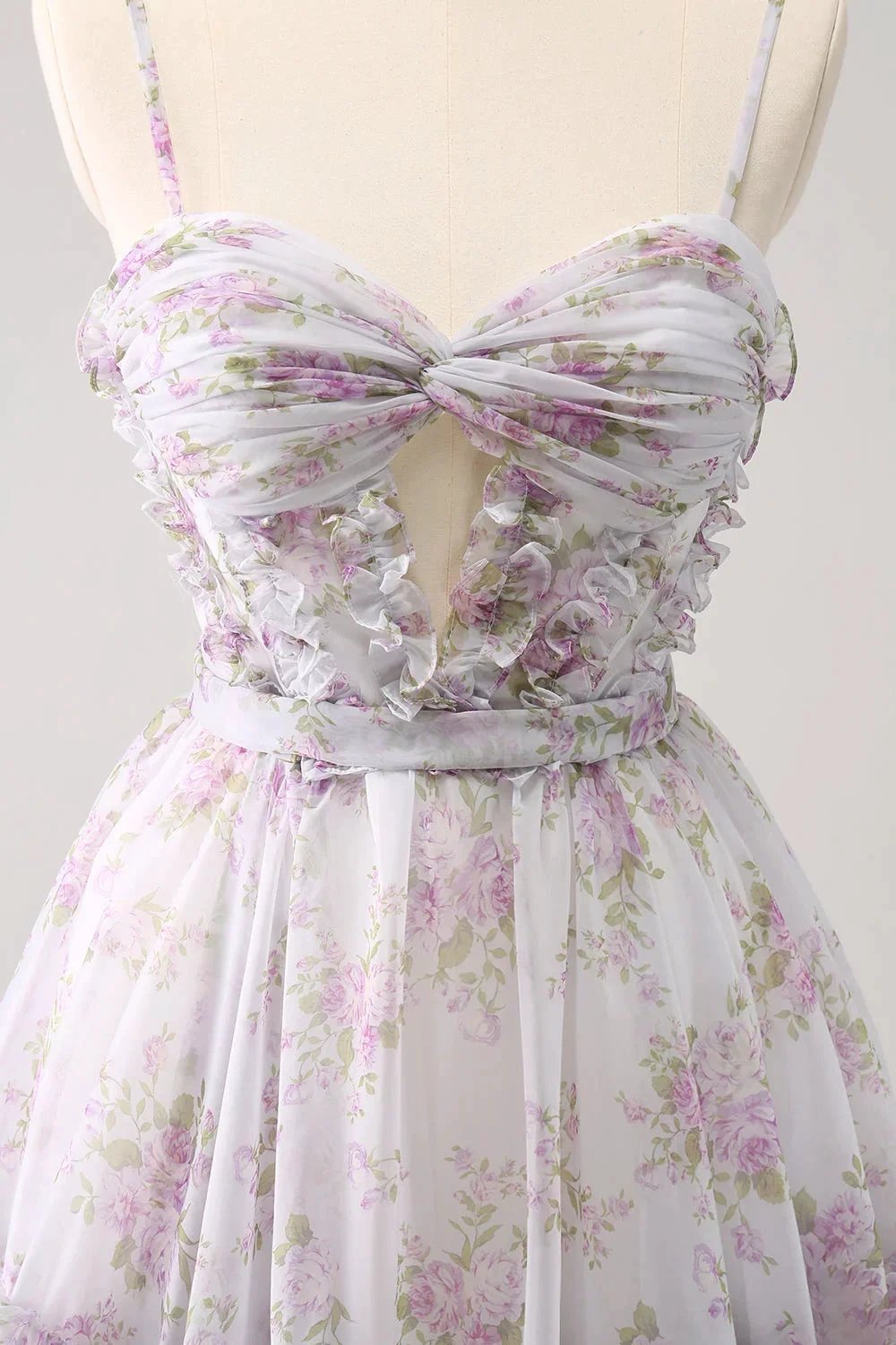 Cute Lilac A Line Cut Out Tiered Print Floral Homecoming Dress with Ruffles (ZD11451)