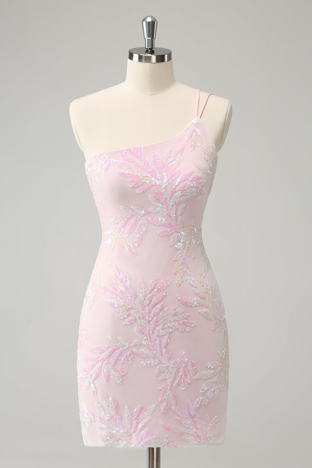 Pink One Shoulder Applique Sequins Mini Bodycon Homecoming Dress