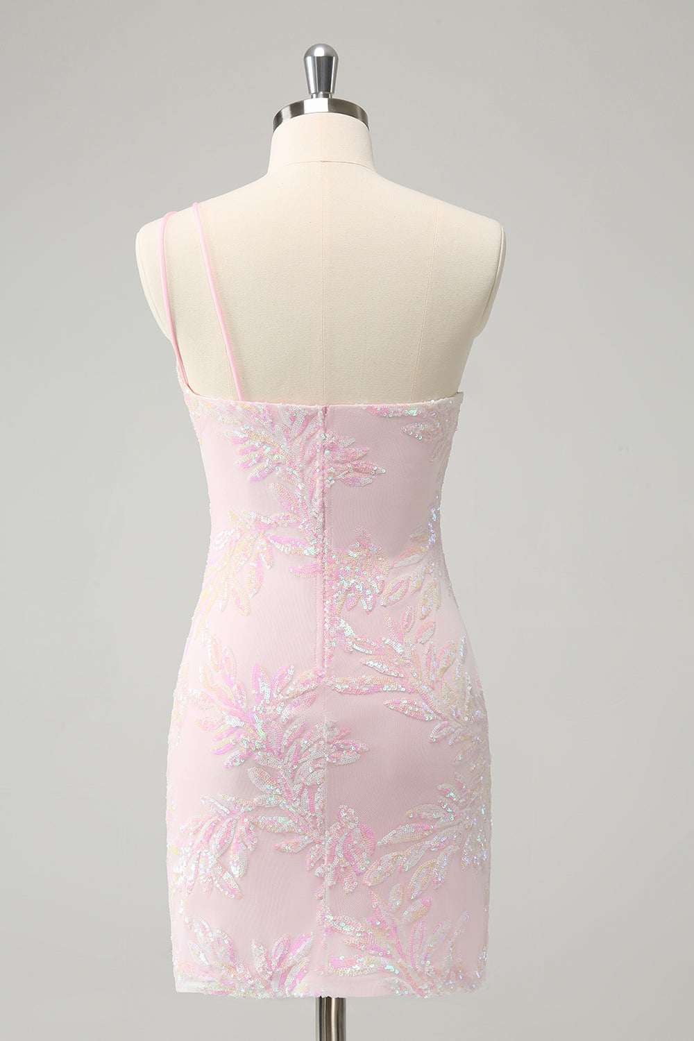 Pink One Shoulder Applique Sequins Mini Bodycon Homecoming Dress