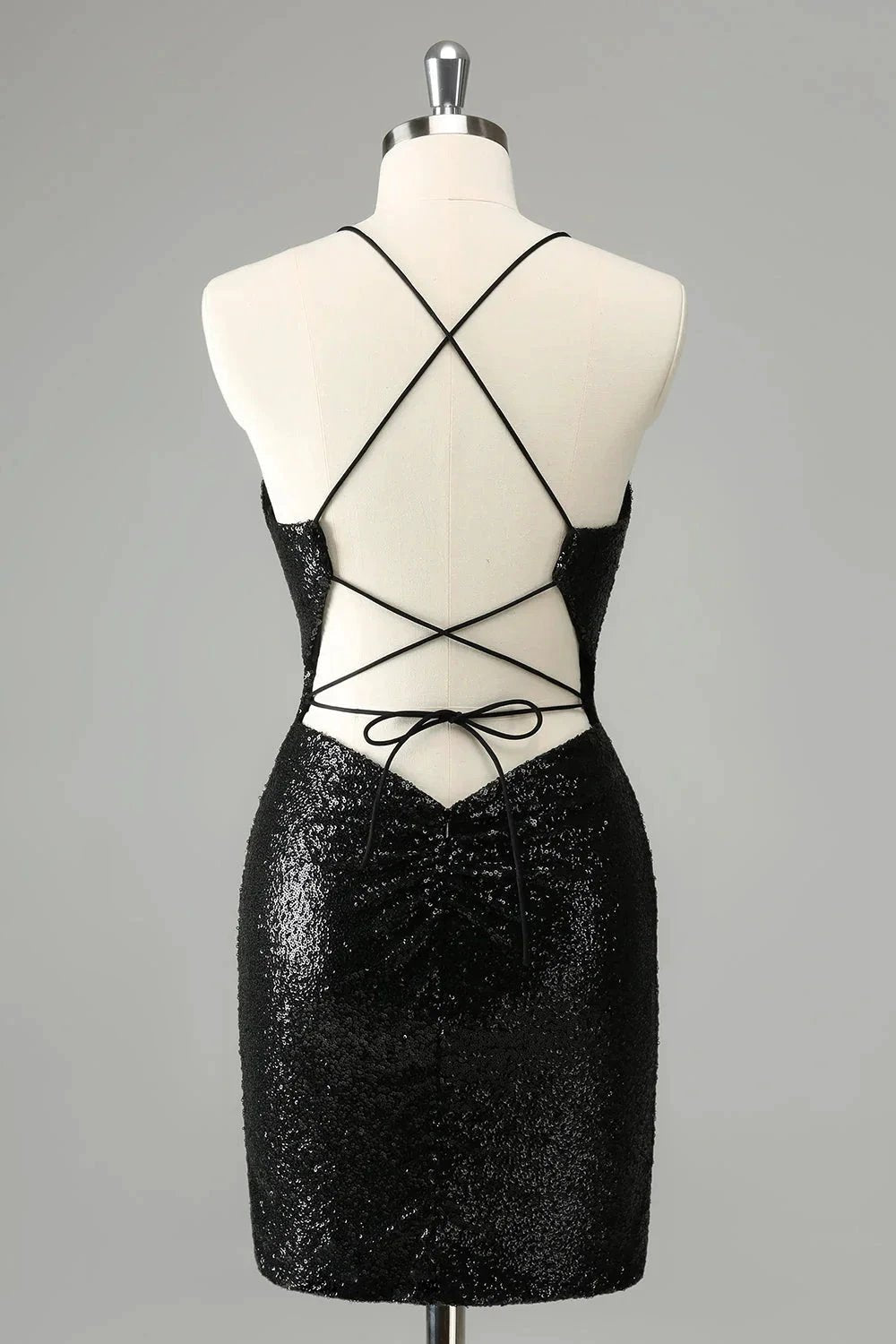 Black Bodycon Spaghetti Straps Sequins Short Homecoming Dress with Lace-up Back (ZD11566)