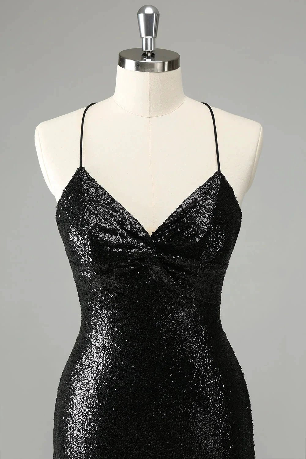 Black Bodycon Spaghetti Straps Sequins Short Homecoming Dress with Lace-up Back (ZD11566)