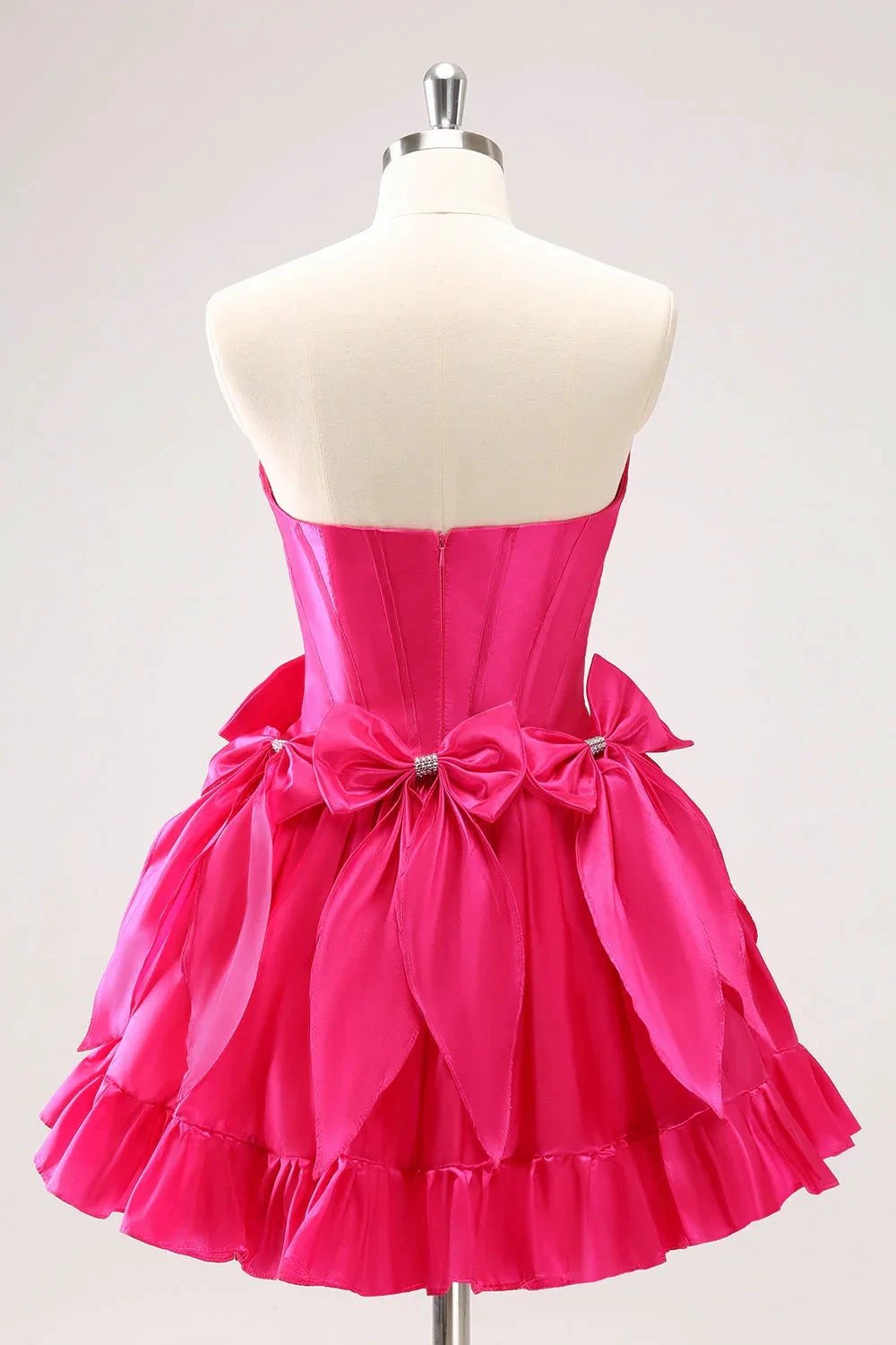 Cute Fuchsia A Line Strapless Corset Ruffle Beaded Homecoming Dress with Bows (ZD11467)