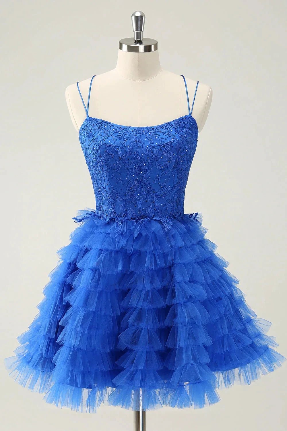 Cute Blue A Line Lace Up Back Tiered Short Homecoming Dress with Beading (ZD11481)