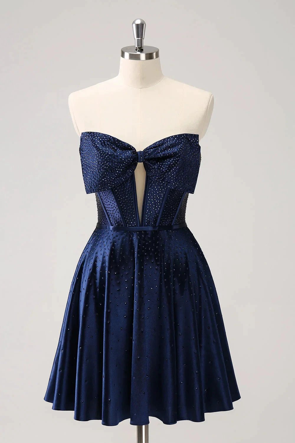 Cute Navy A Line Strapless Hollow Out Corset Beaded Homecoming Dress with Bow by WEDTREND