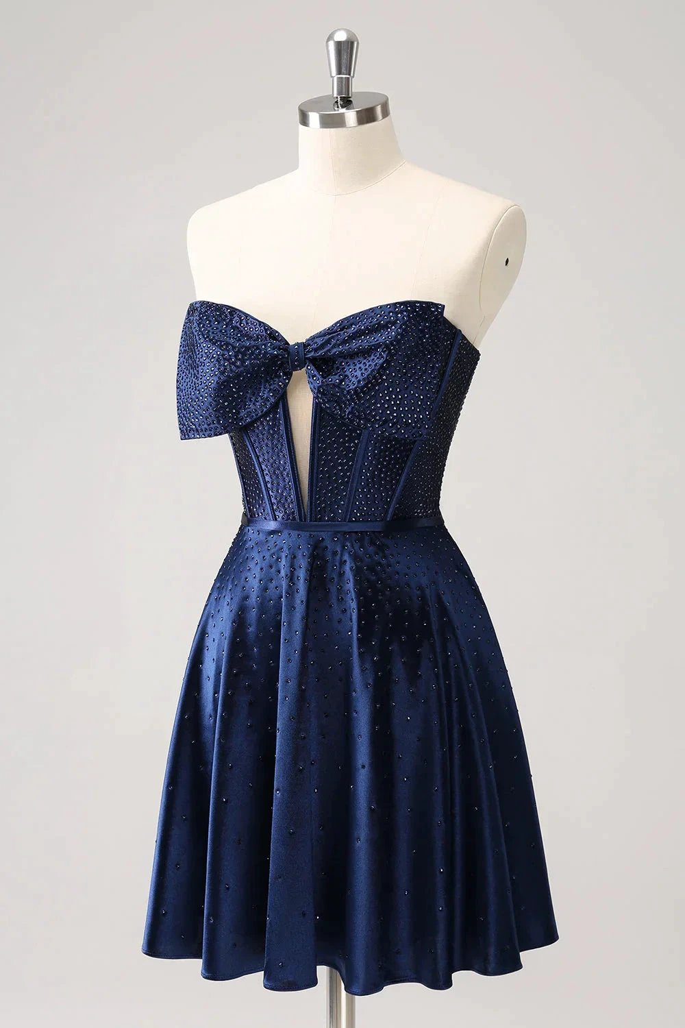 Cute Navy A Line Strapless Hollow Out Corset Beaded Homecoming Dress with Bow (ZD11450)
