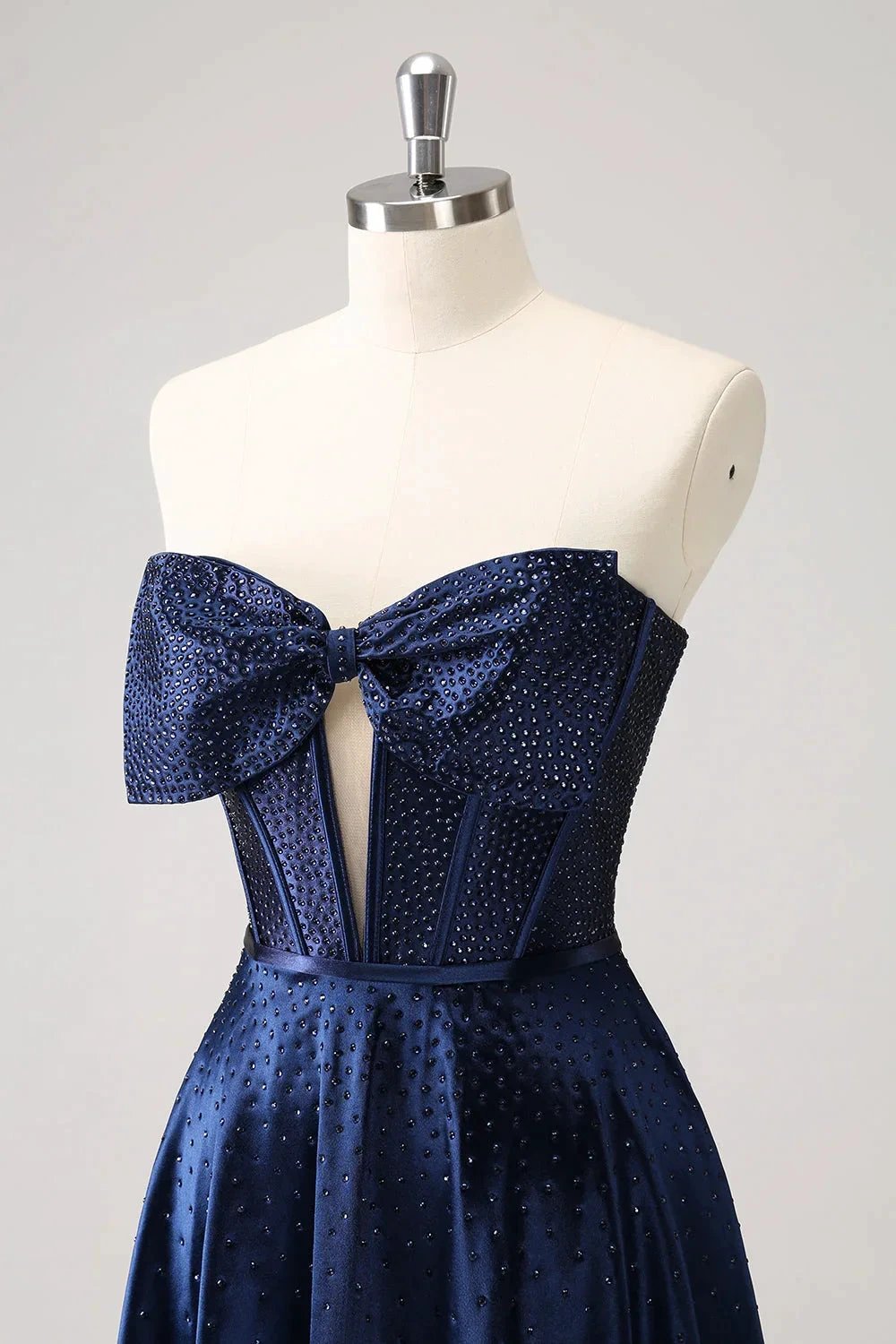 Cute Navy A Line Strapless Hollow Out Corset Beaded Homecoming Dress with Bow (ZD11450)