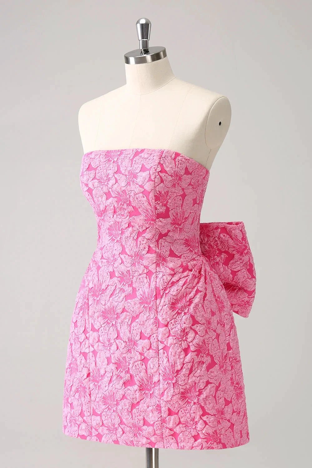 Cute Hot Pink A Line Strapless Print Short Homecoming Dress with Bow (ZD11456)
