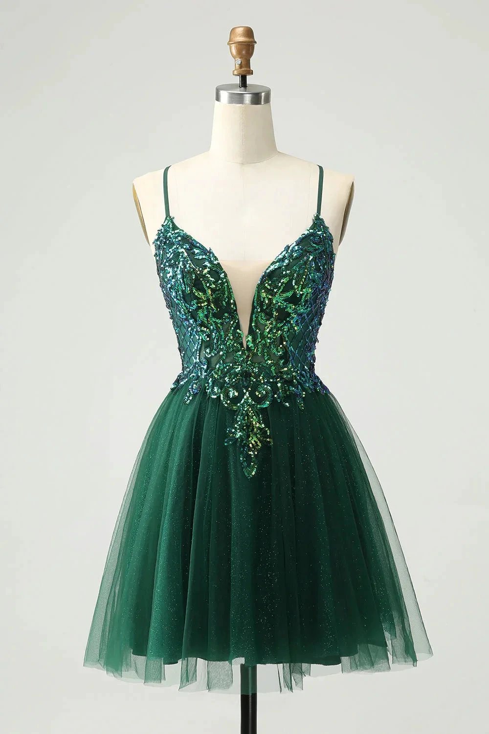 Cute Dark Green A Line V Neck Sequin Short Homecoming Dress with Appliques by WEDTREND