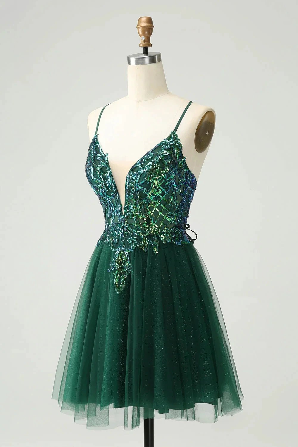 Cute Dark Green A Line V Neck Sequin Short Homecoming Dress with Appliques (ZD11470)