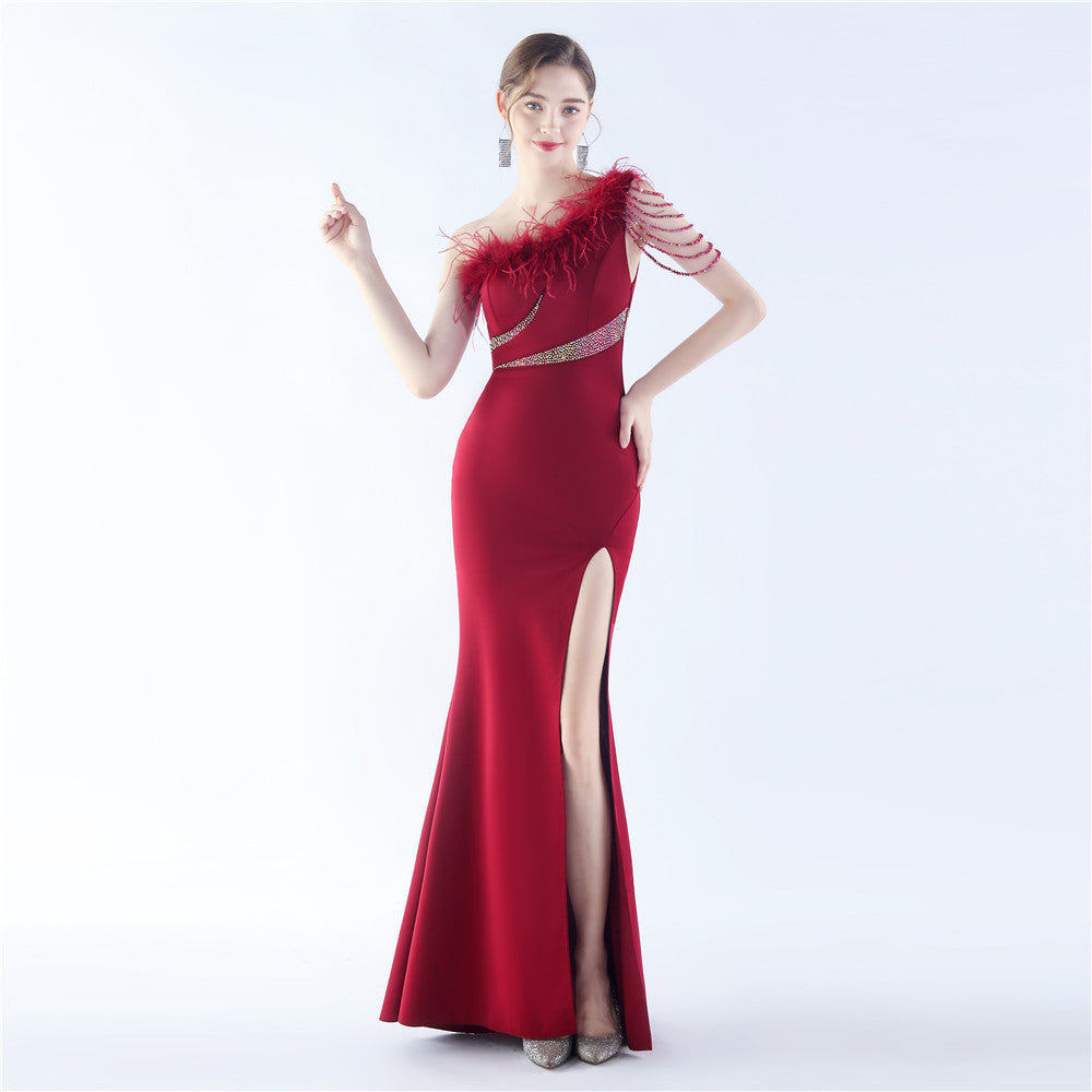 Evening Dress Craft Rhinestone Handmade Beaded Ostrich Feather Diagonal Collar One Shoulder Dress - View 2 | VelvetHem