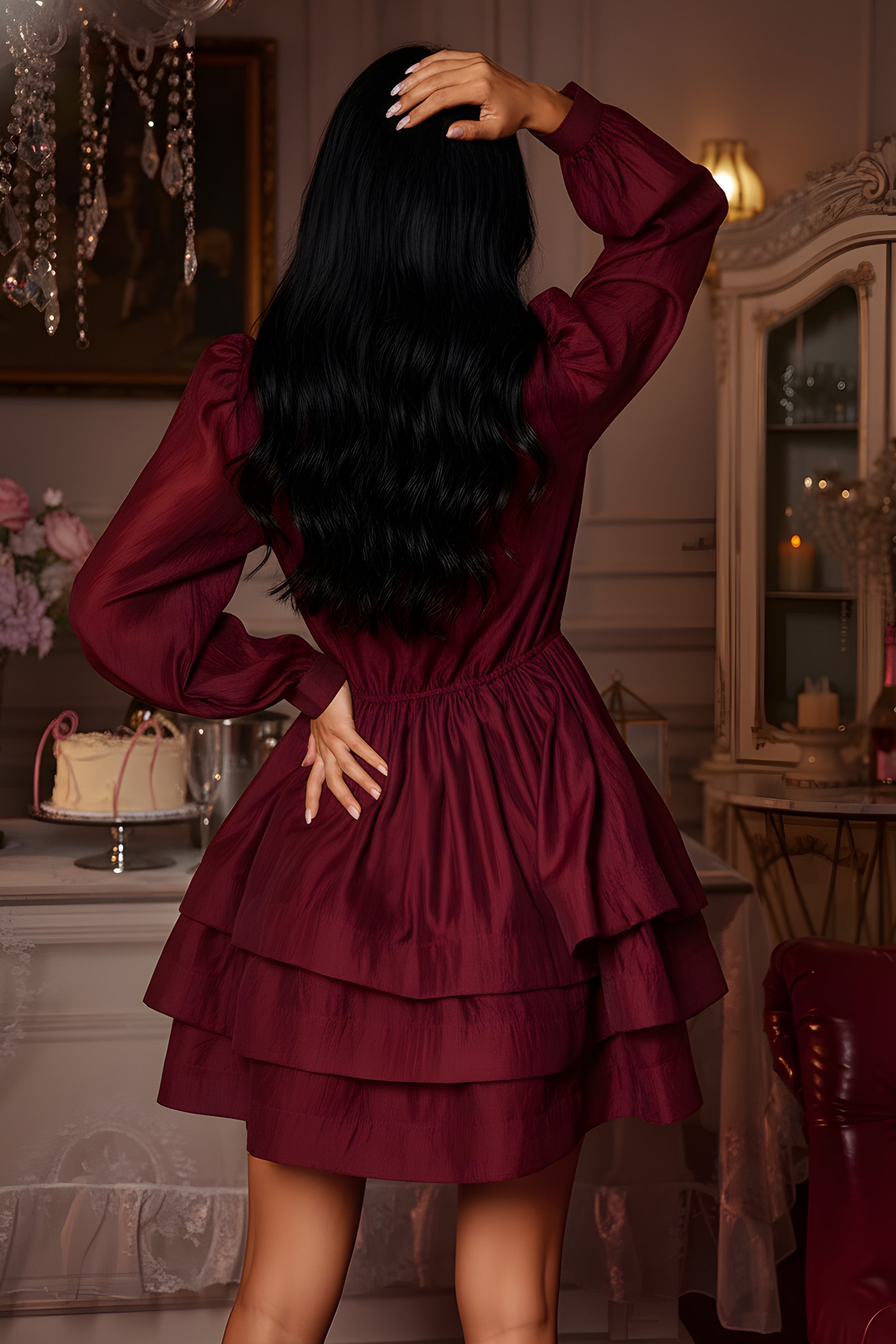 Elegant Tie-Neck Long Sleeve Tiered Ruffle Mini Dress