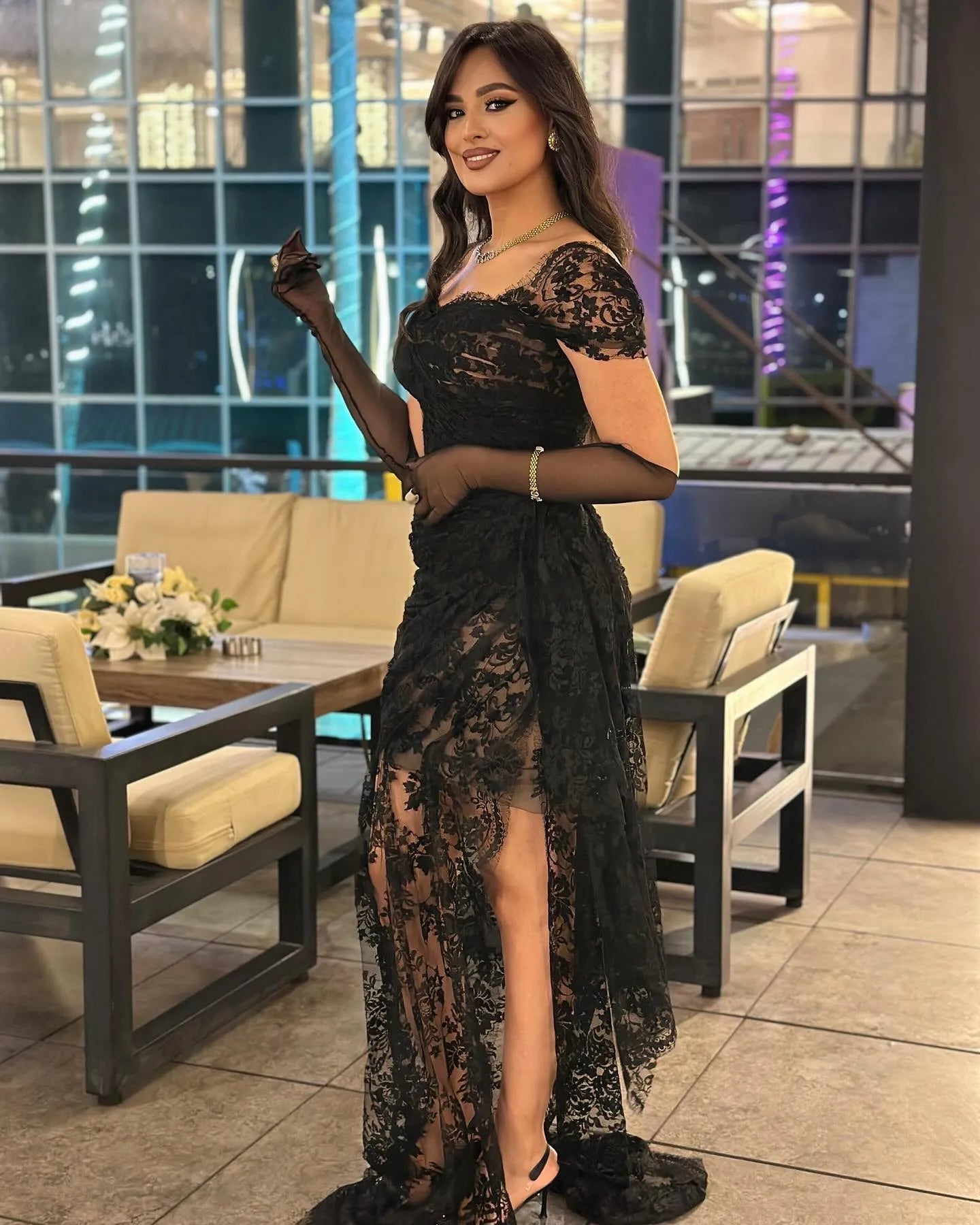 Modern Black Lace Prom Dress Mermaid Square Collar Pleated Floor Length High Slit Evening Dress vestido de gala