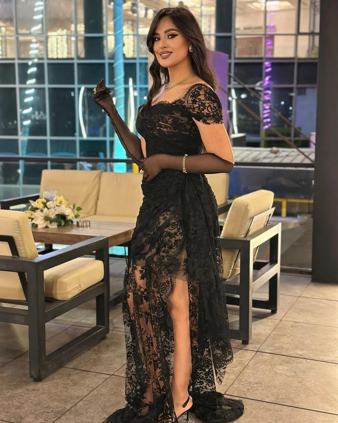 Modern Black Lace Prom Dress Mermaid Square Collar Pleated Floor Length High Slit Evening Dress vestido de gala