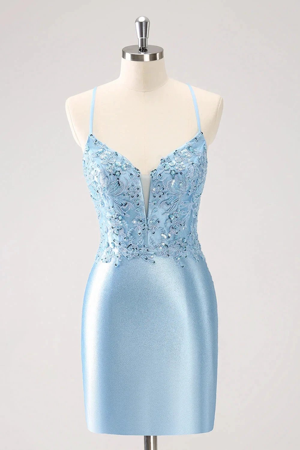 Blue Bodycon Lace Up Back Sequin Short Homecoming Dress with Appliques by WEDTREND