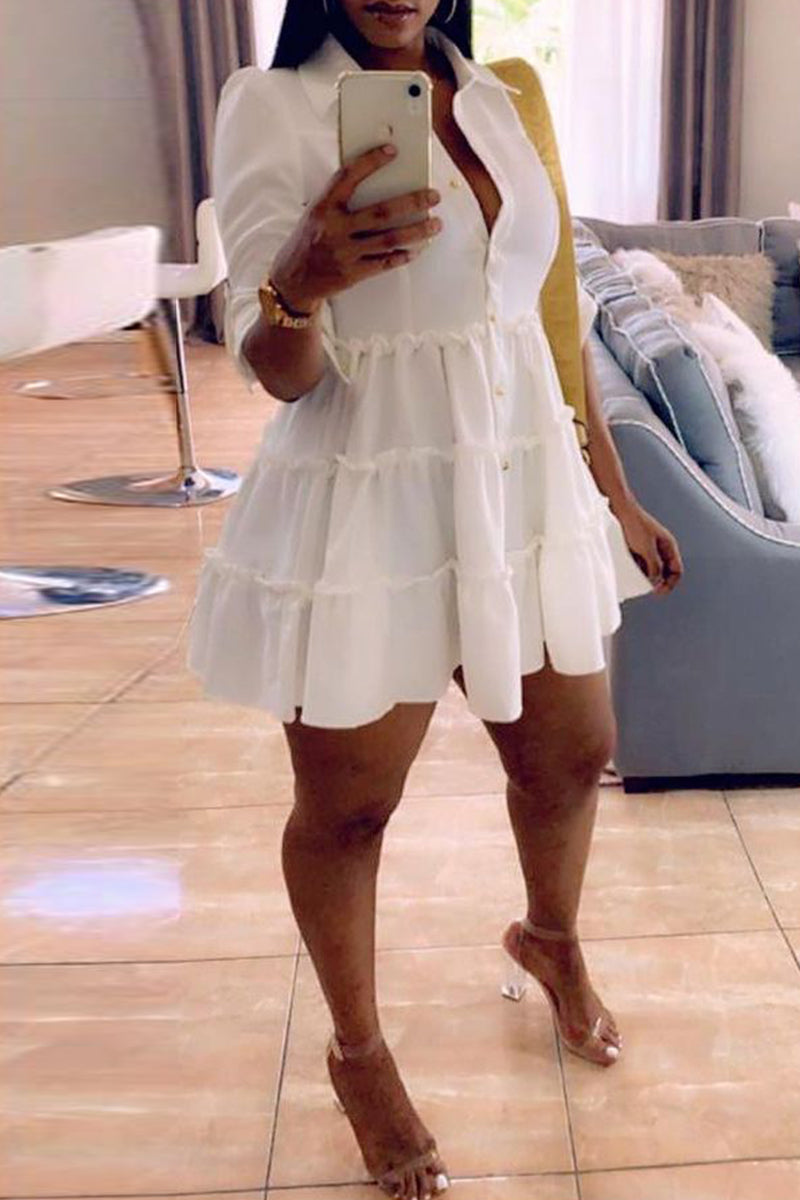 Fashion Casual Solid Turndown Collar Shirt Dress - Fashionpara