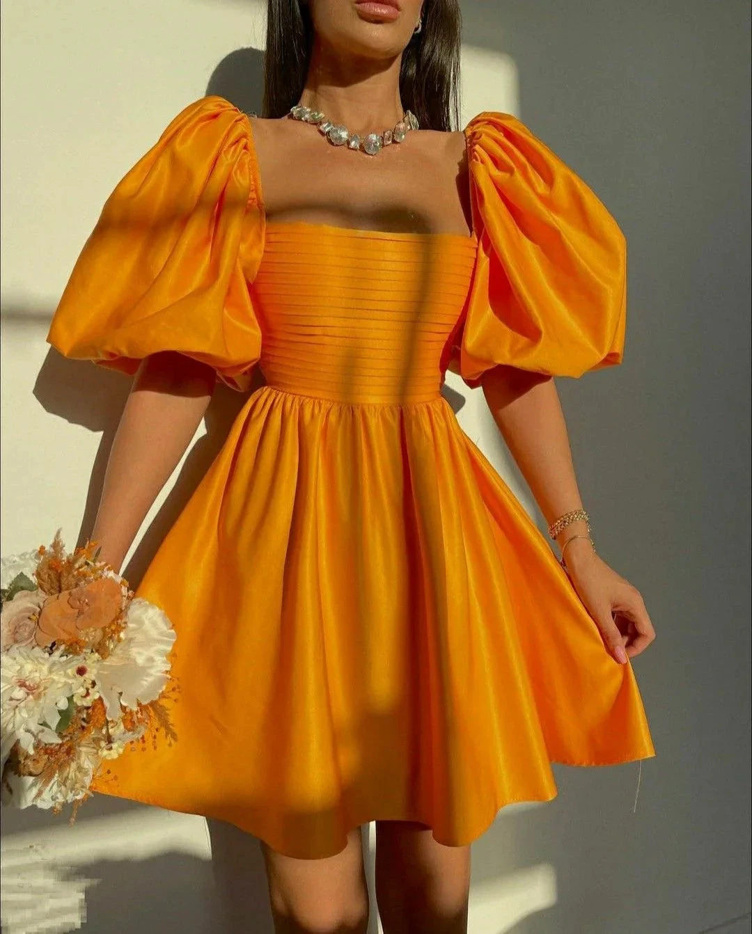 Retro Style Orange Puff Sleeve A-line Homecoming Dress Orange Cocktail Dress Y5064 by simplepromdress