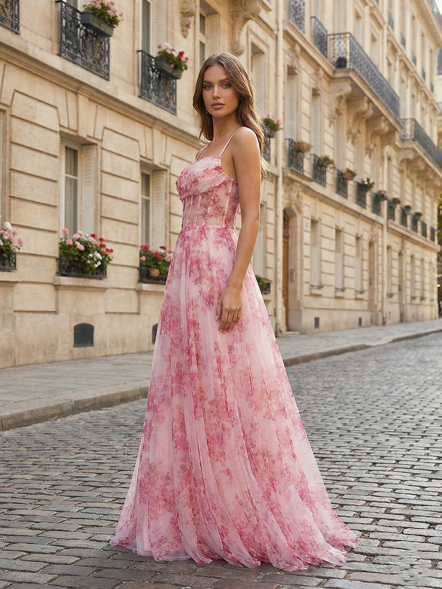 Pink Floral Corset Tulle Long Prom Dress with Delicate Spaghetti Straps