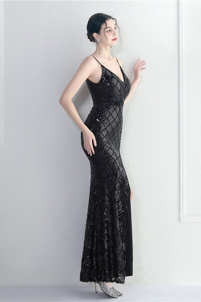 Vintage Inspired Iridescent Sequin Slit Dress for Modern Fashion Wear