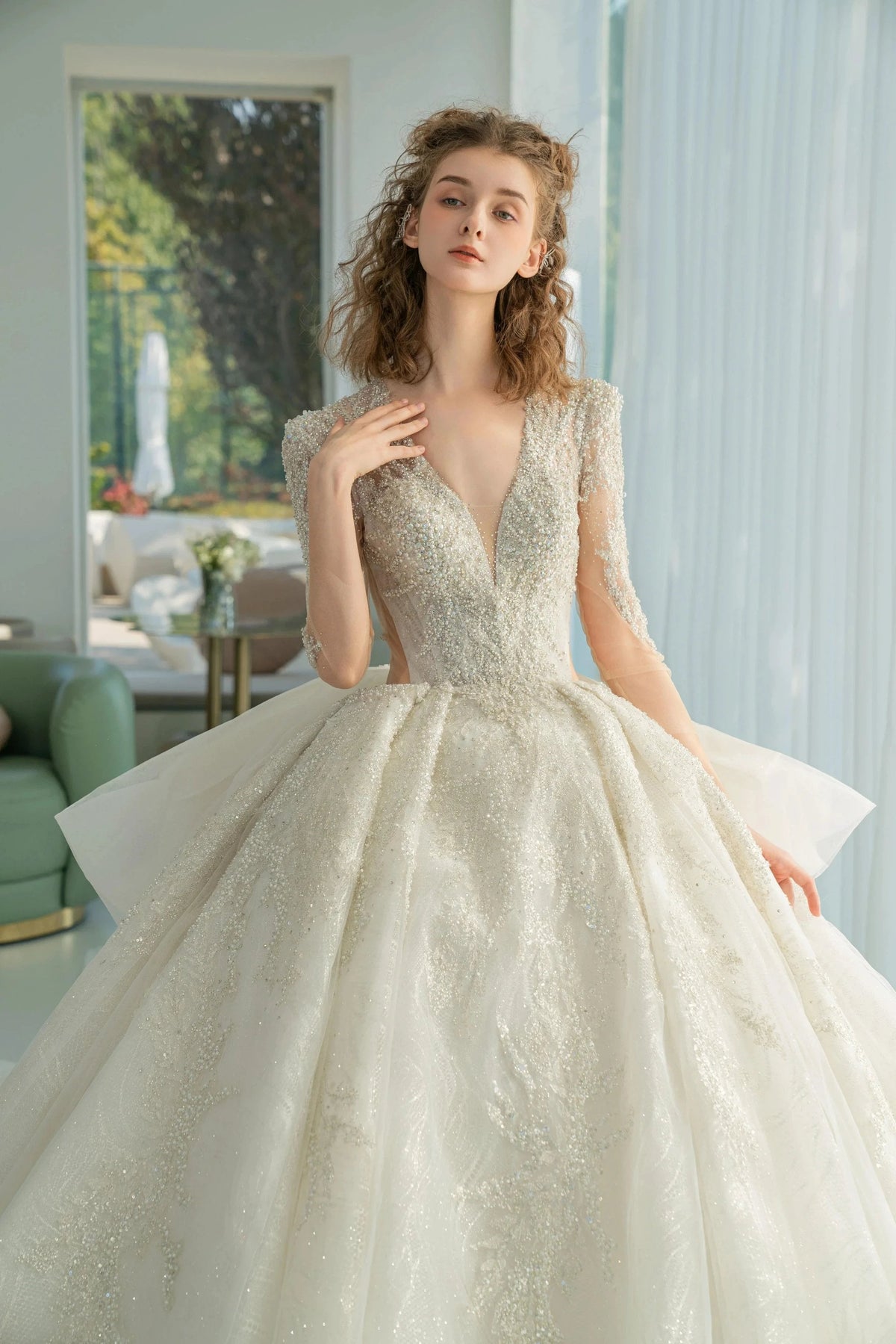 Dazzling Ball Gown Deep V-Neck Tulle Wedding Dress with Beaded Embroidery & Illusion Cut-Out Back Q-6022 by ZAPDRESS