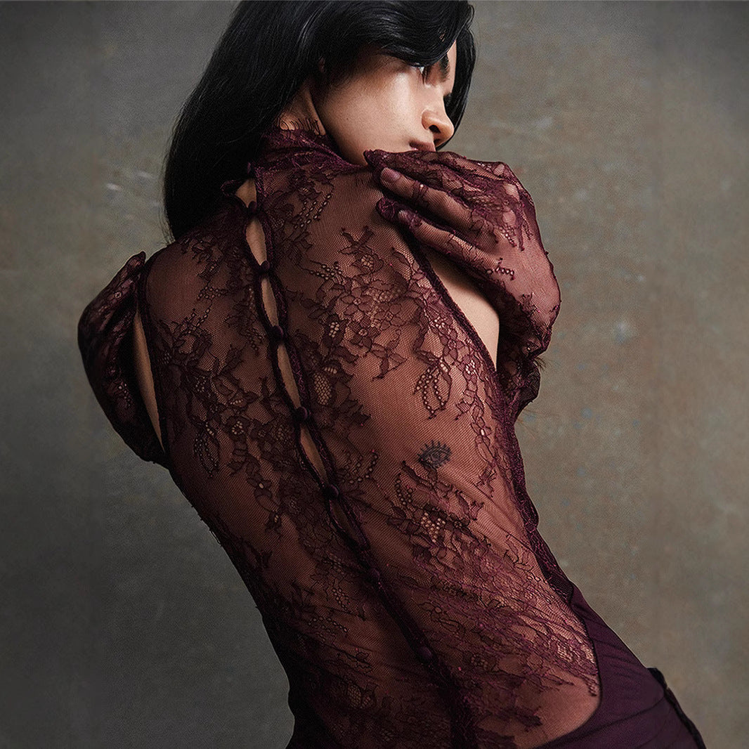 Lace Patchwork Deep V Ruched Prom Dress - View 2 | VelvetHem