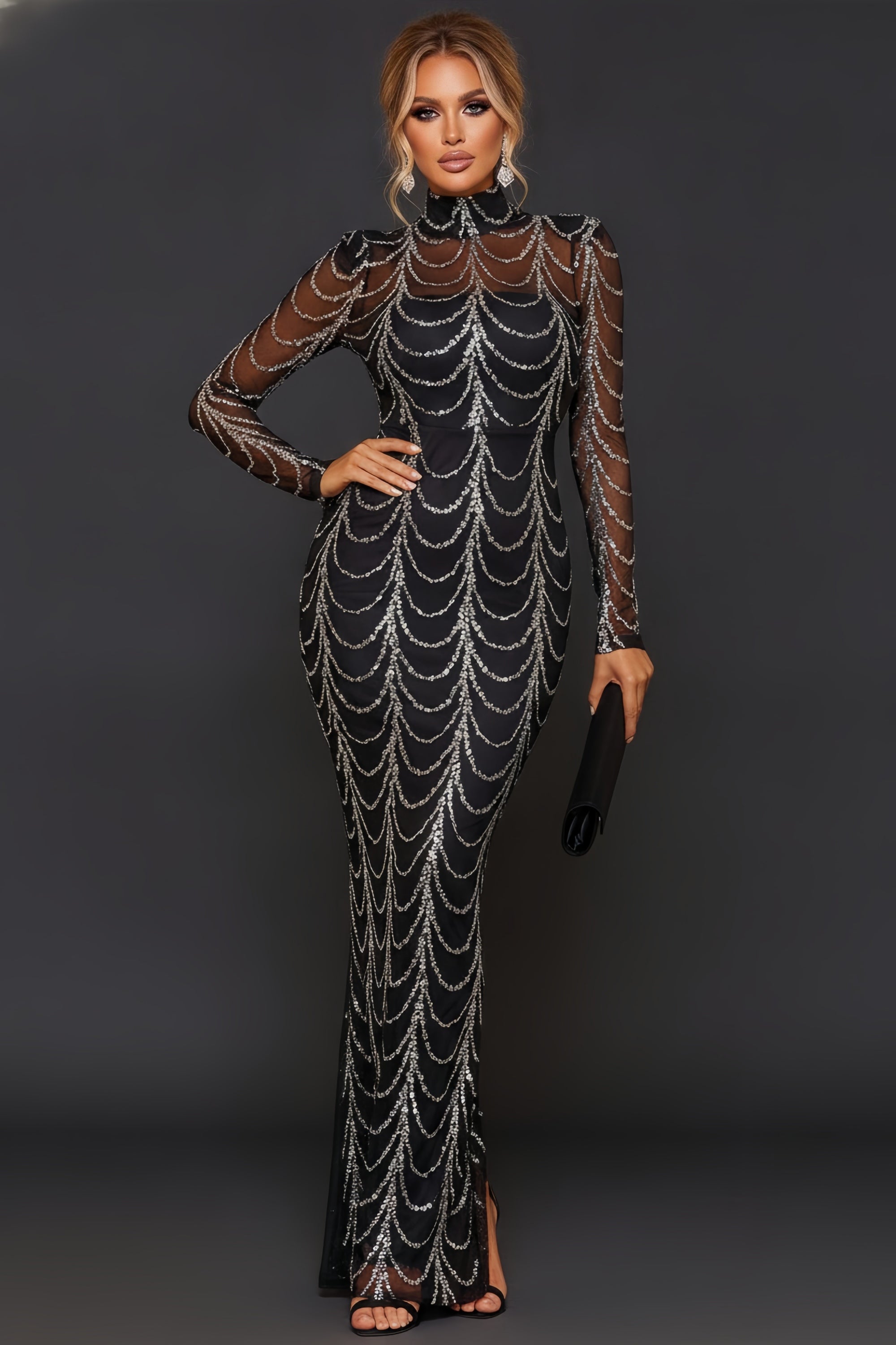 Draped Beaded Chain High Neck Long Sleeve Mermaid Gown