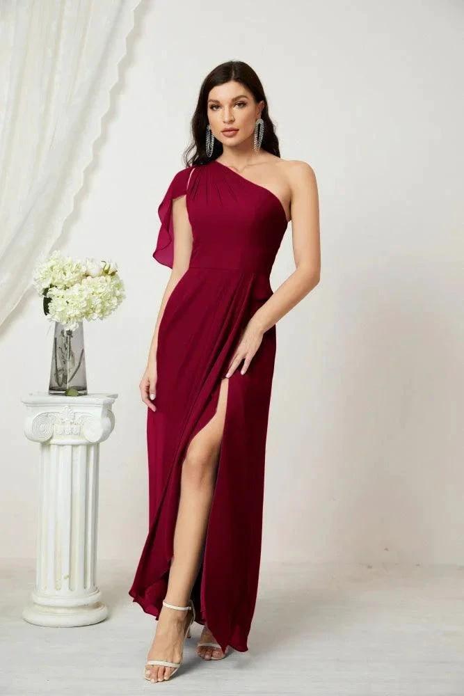Numbersea Chiffon Ruffled One Shoulder Long Bridesmaid Dresses A-line Formal Evening Gown Side Split 2809 by numbersea