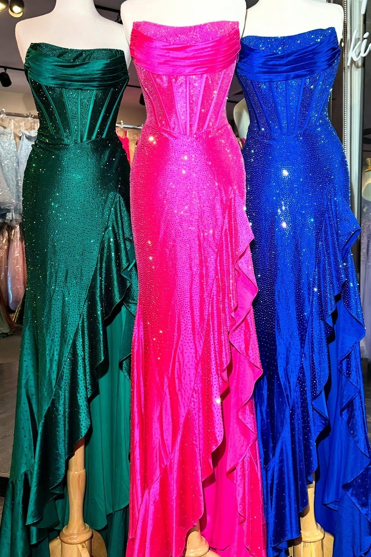 Orange Sparkly Mermaid Strapless Lace Up Long Beaded Prom Dress with Slit
