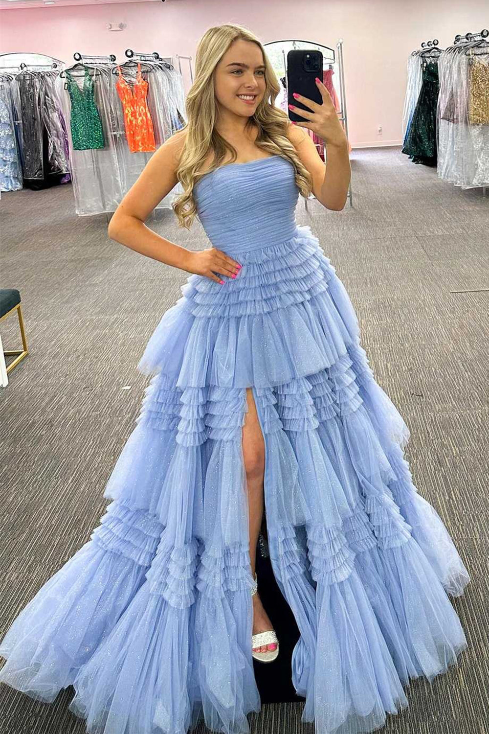 Trendy A Line Strapless Apricot Long Prom Dress with Ruffles