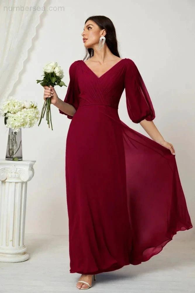 ZapDress  Formal Prom Gown Women V-Neck Chiffon Bridesmaid Dresses Long Bishop Sleeve Party Dress 2807 (ZD17027)