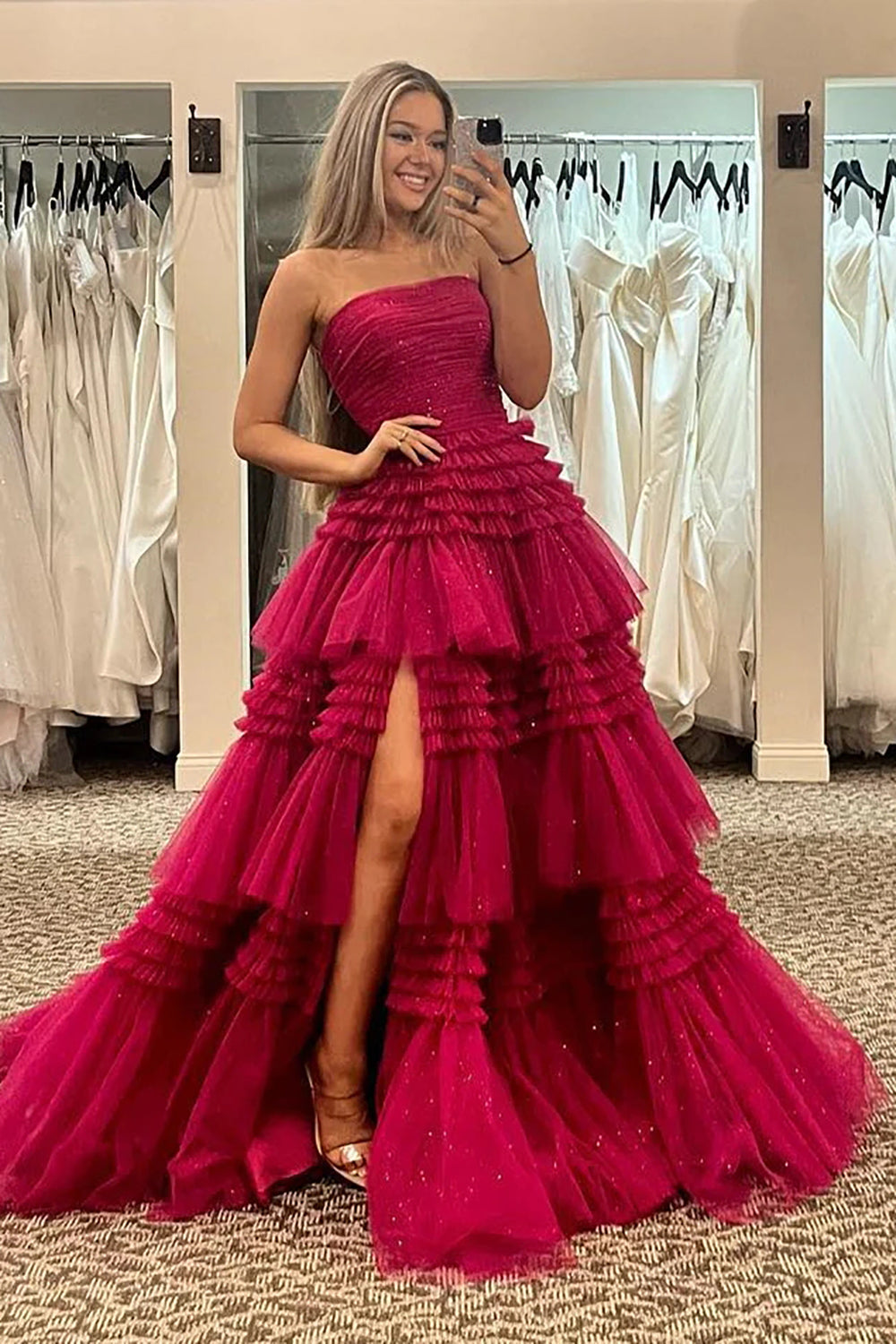 Trendy A Line Strapless Apricot Long Prom Dress with Ruffles