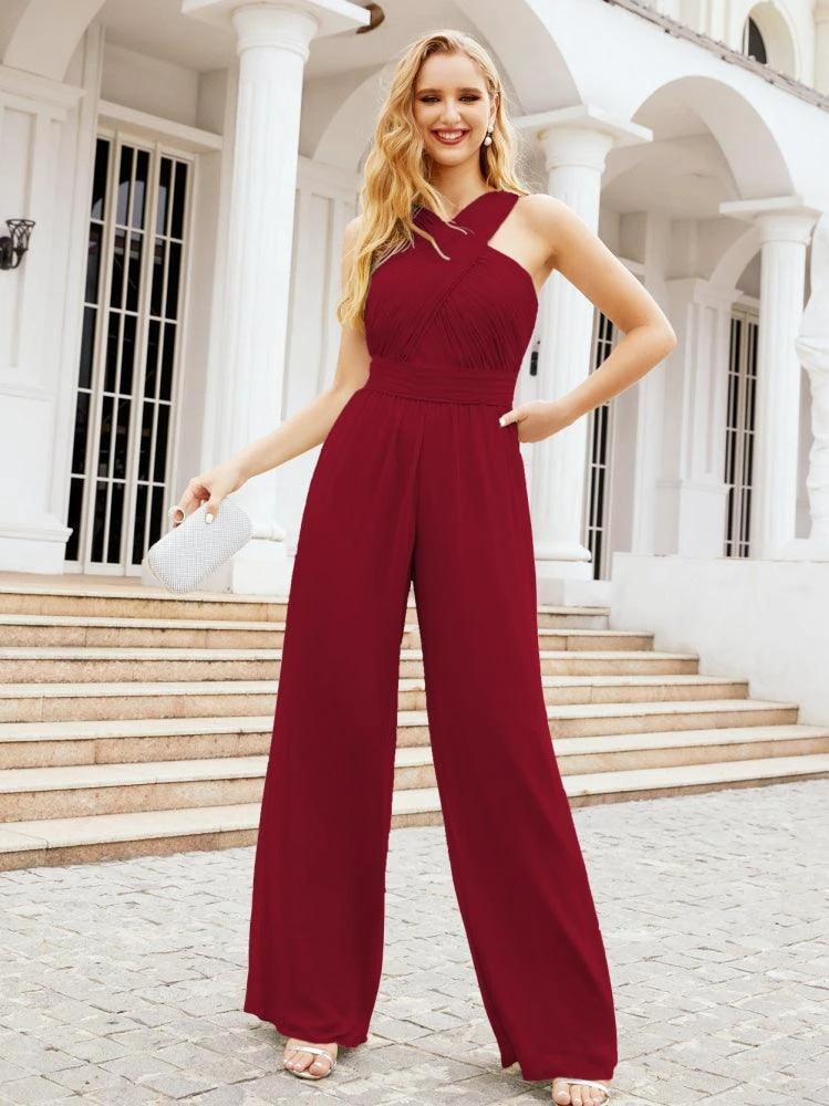 Numbersea Crisscross Neck Jumpsuit Formal Evening Dress Long Bridesmaid Dresses Bell-bottomed Pants 28033 by numbersea