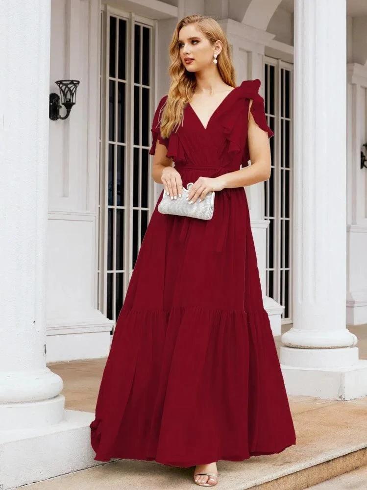 Numbersea Women's Open Back Formal Evening Party Prom Gowns V-Neck Long Chiffon Bridesmaid Dresses with Waist Belt 28038 by numbersea