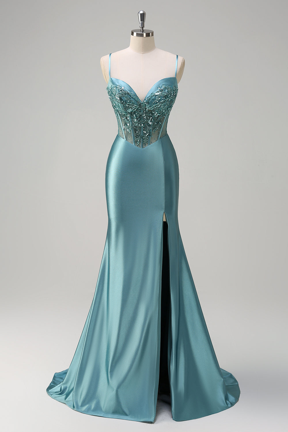 Grey Green Mermaid Sequined Spaghetti Straps Corset Long Prom Dress with Slit