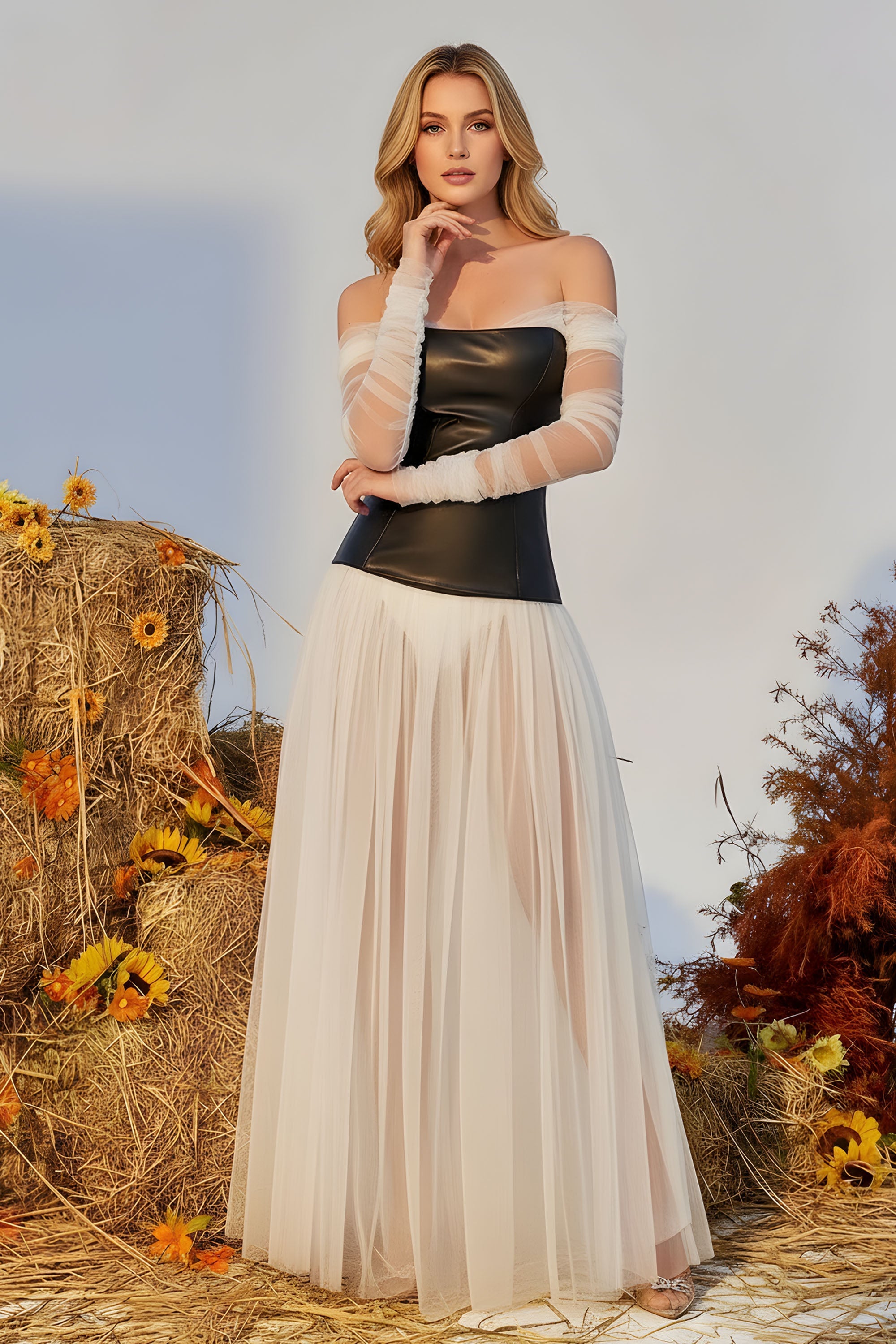 Chic Faux Leather Corset Off-Shoulder Tulle Maxi Dress