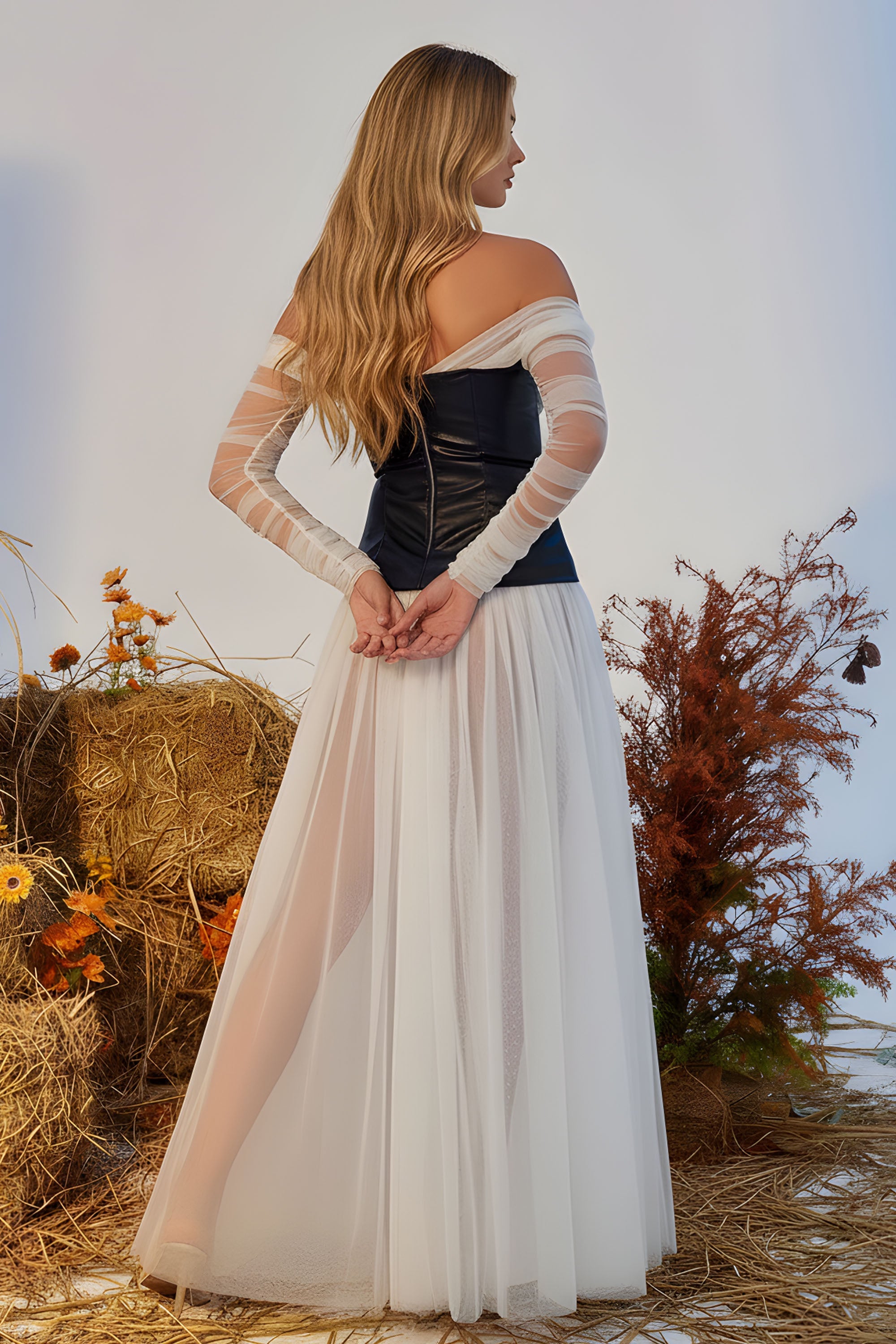 Chic Faux Leather Corset Off-Shoulder Tulle Maxi Dress