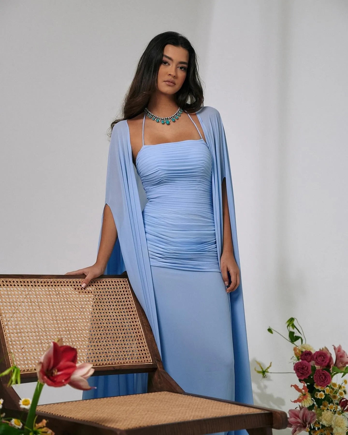 Elegant Sky Blue Chiffon Prom Dress Mermaid Long Cape Sleeves Pleated Formal Evening Dress Floor Length Party Gowns
