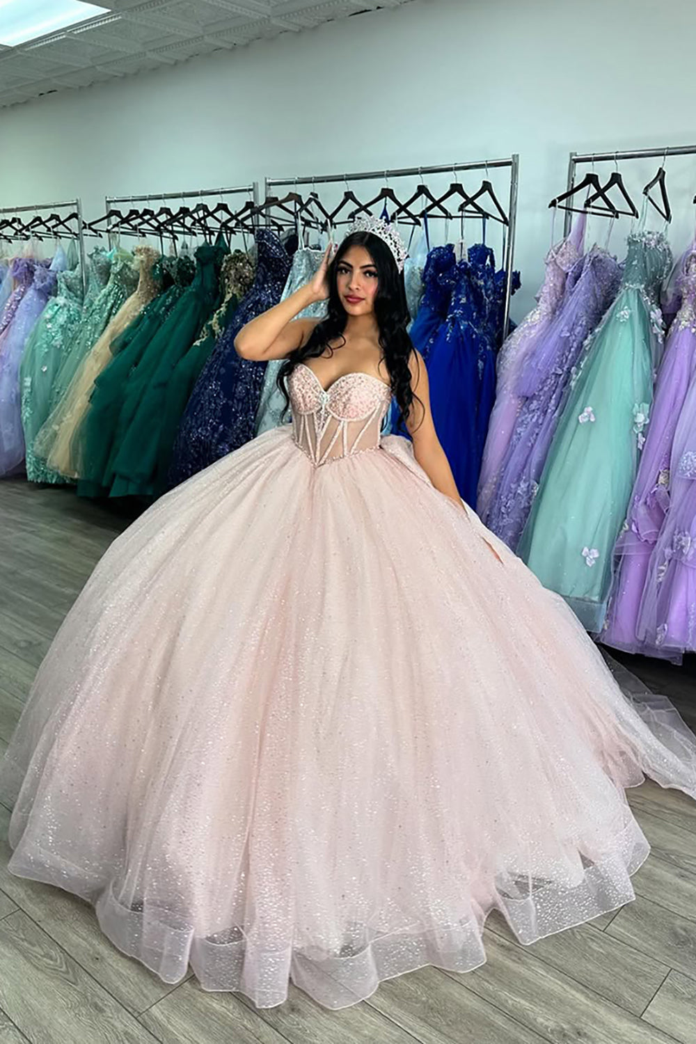 Sparkly Pink Sweetheart Princess Tulle Corset Quinceanera Dress with Beading - VelvetHem