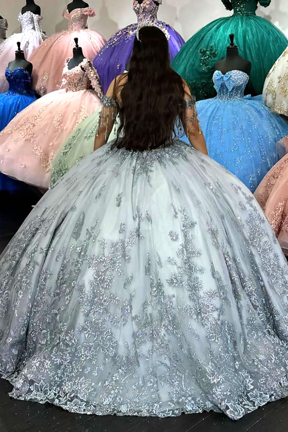 Sparkly Silver Ball Gown Off the Shoulder Sequins Applique Quinceanera Dress with Fringe - View 2 | VelvetHem