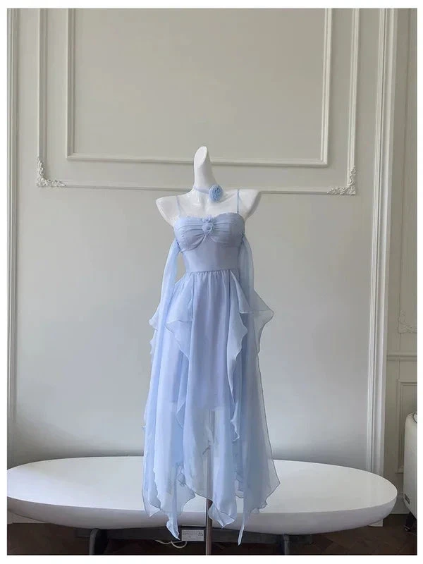 Simple Blue Spaghetti Straps Chiffon Homecoming Dress Party Dress (ZD12189)