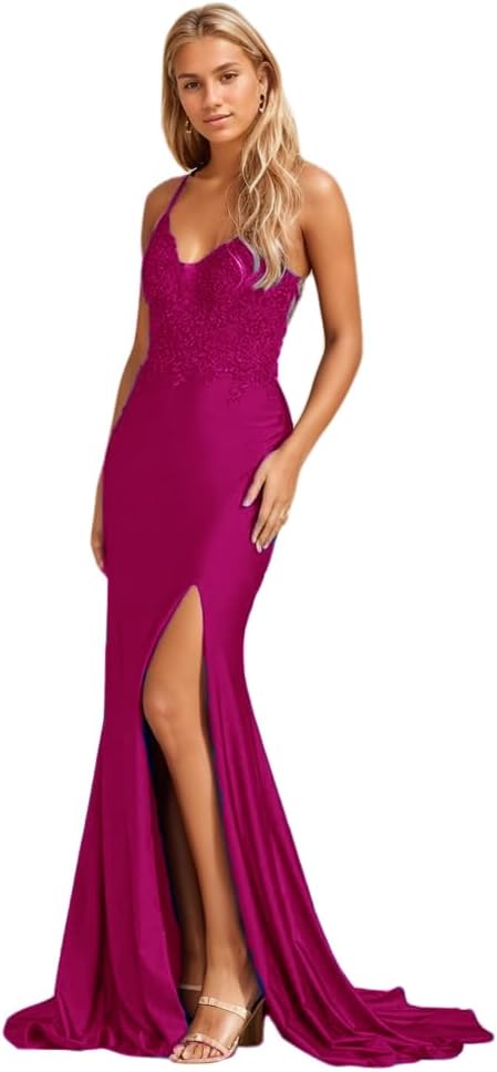 Women's Lace Applique Mermaid Prom Dresses Long with Slit Stretchy Satin V Neck Formal Evening Gown - View 13 | VelvetHem
