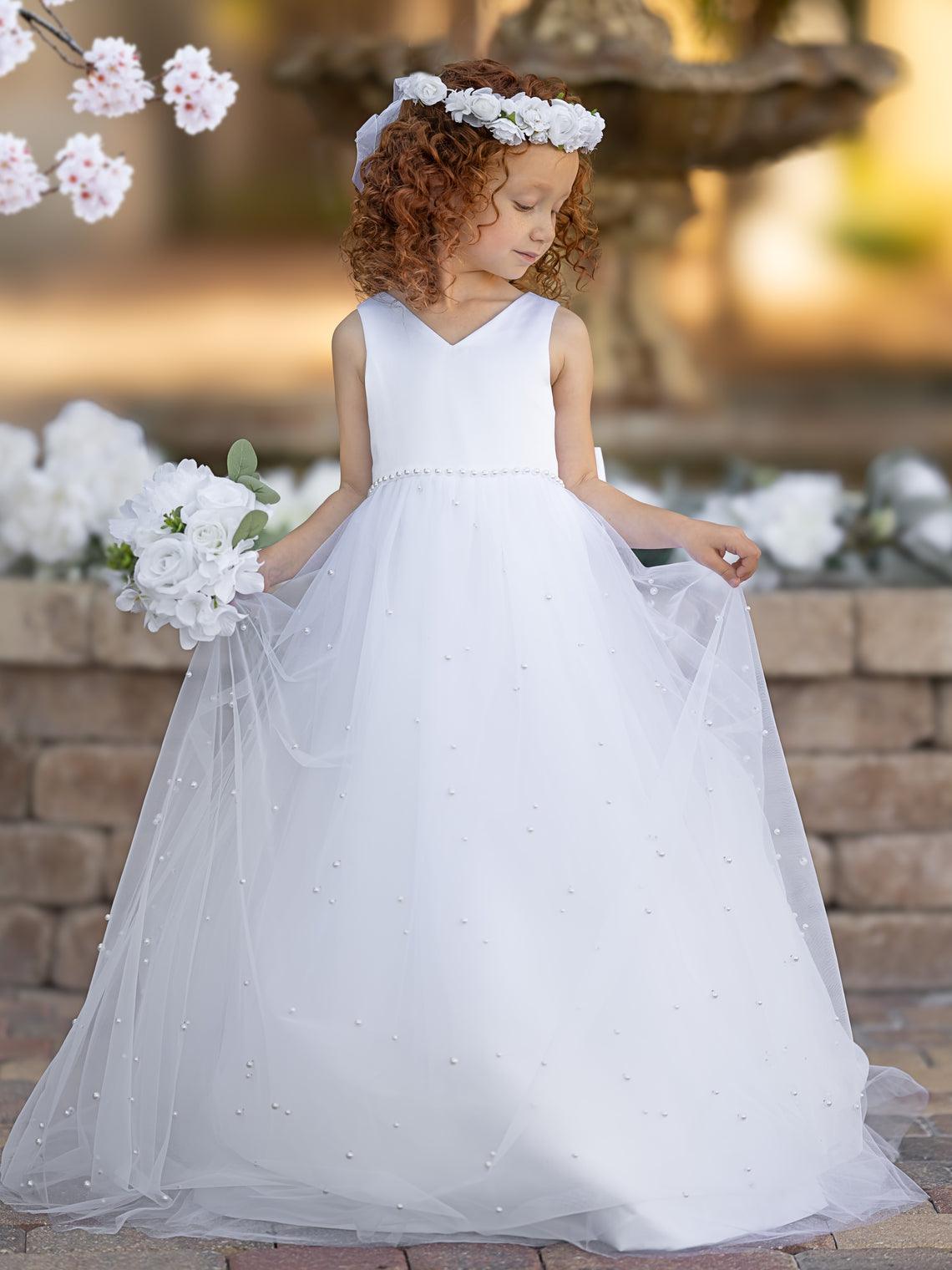 Elegant Princess Ball Gown Satin & Tulle Flower Girl Dress - View 3 | VelvetHem