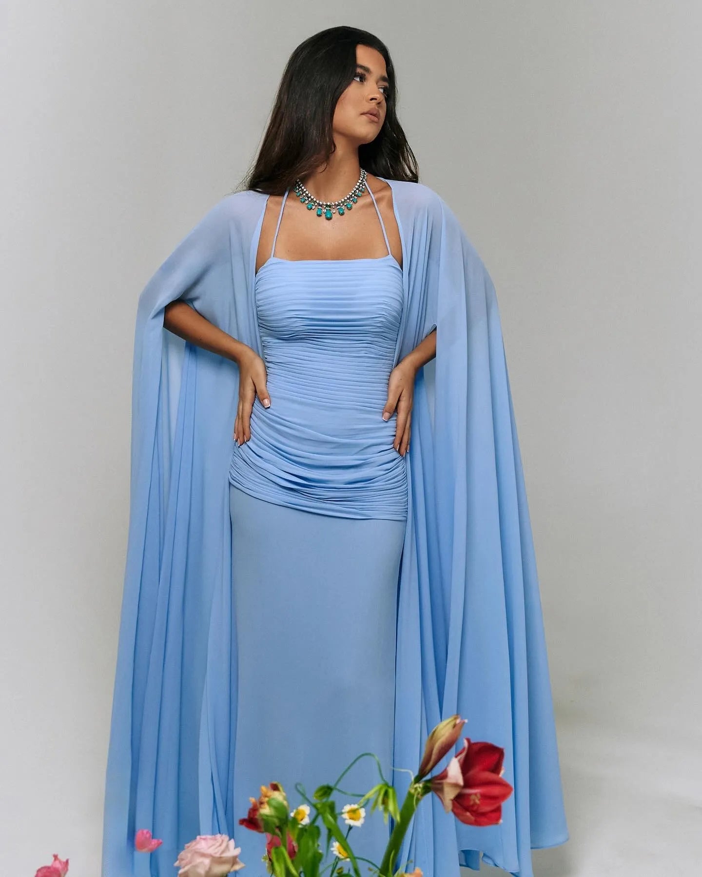 Elegant Sky Blue Chiffon Prom Dress Mermaid Long Cape Sleeves Pleated Formal Evening Dress Floor Length Party Gowns