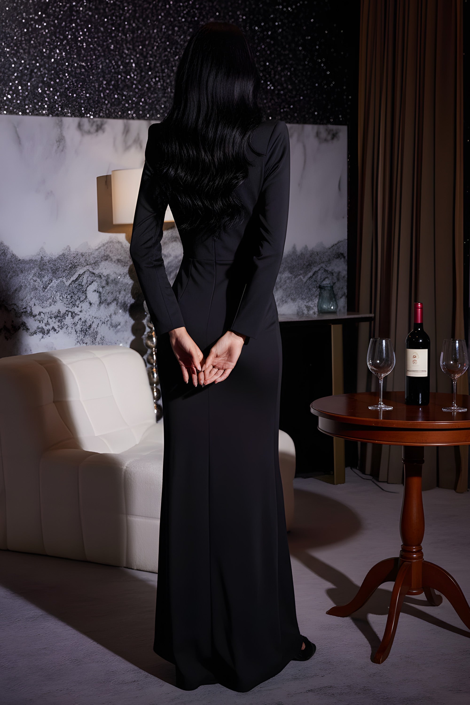 Deep V-Neck Long Sleeve Maxi Dress with Crystal Brooch