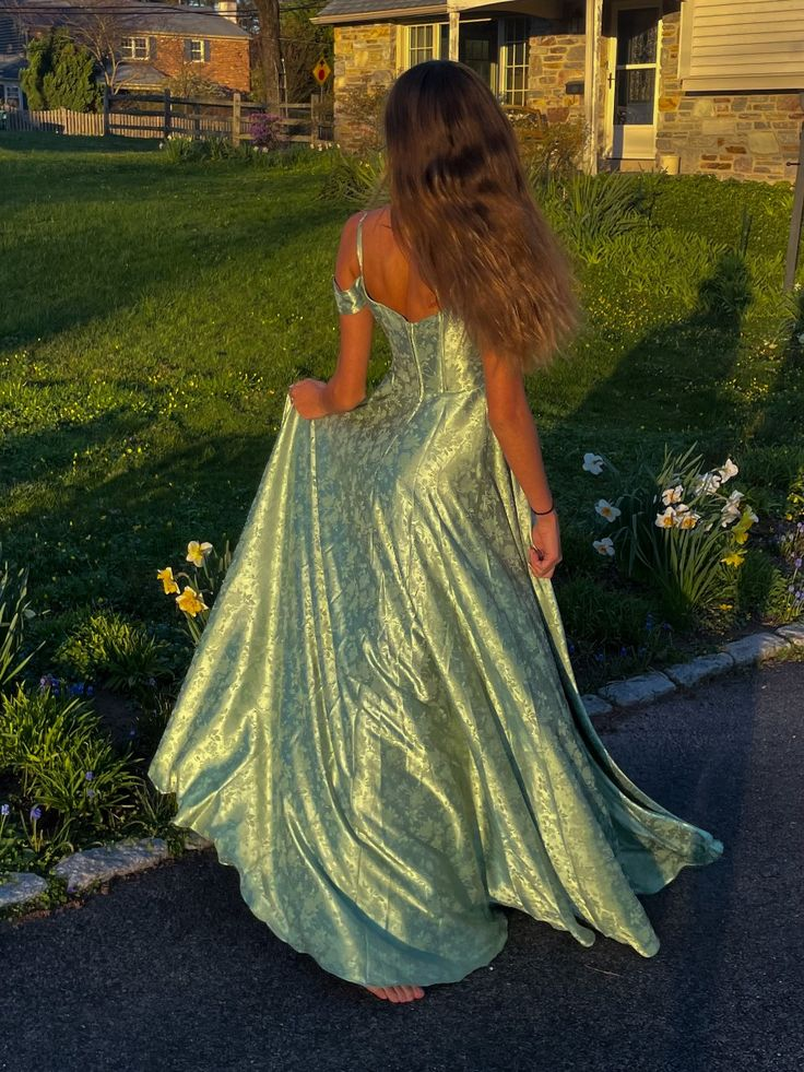 Pretty Green Spaghetti Straps Off The Shoulder Satin Print Floral A Line Prom Dress Long Party Gown