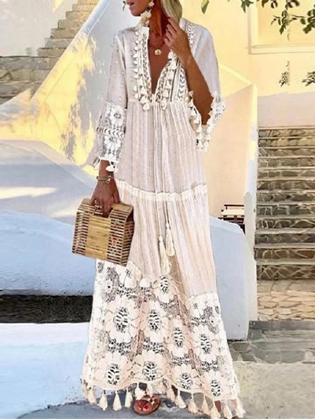 Loose Yellow Boho Deep V Neck Lace Fringe Maxi Dress - Omychic