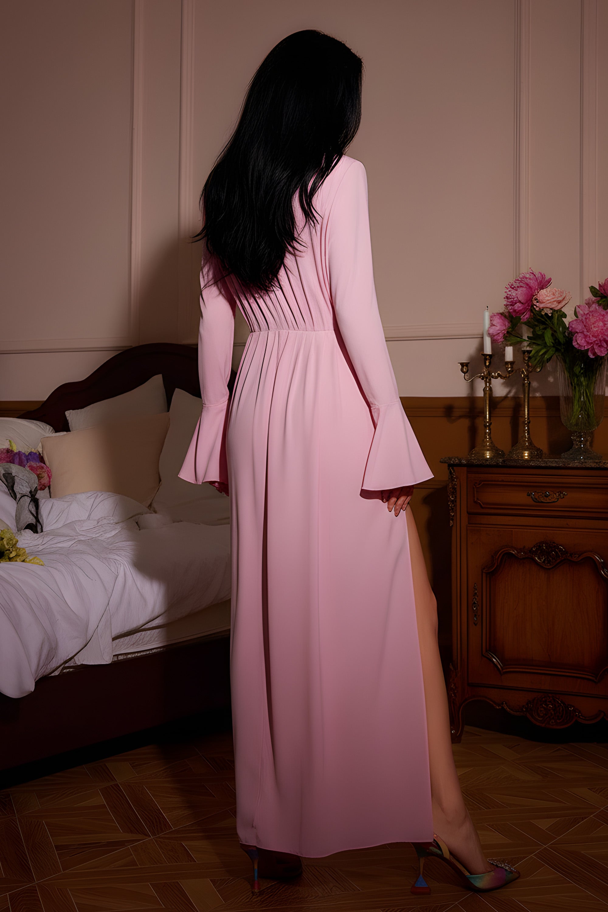 Long Sleeve Tie Neck Maxi Dress with Floral Accent and Slit