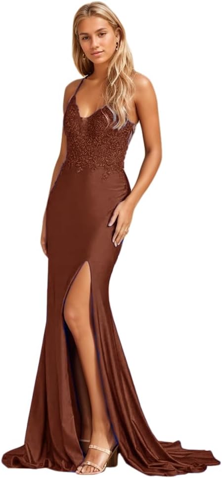 Women's Lace Applique Mermaid Prom Dresses Long with Slit Stretchy Satin V Neck Formal Evening Gown - View 6 | VelvetHem